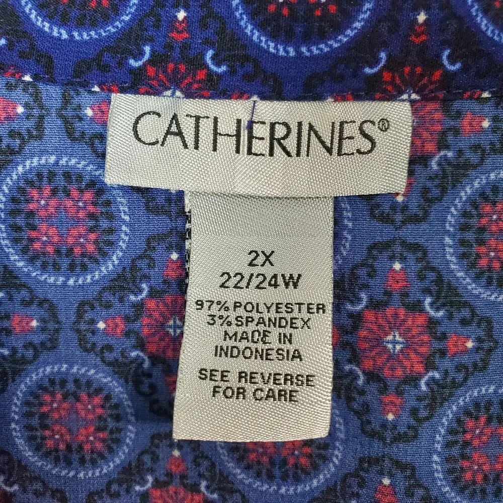 Catherines Womens Blue Geometric Button Front Long Sleeve Shirt Top Size 2X